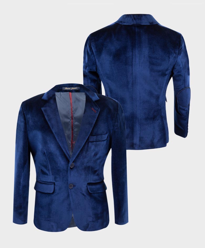 Jungen Maßgeschneiderter Samt Blazer mit Ellbogenpatches - Marineblau