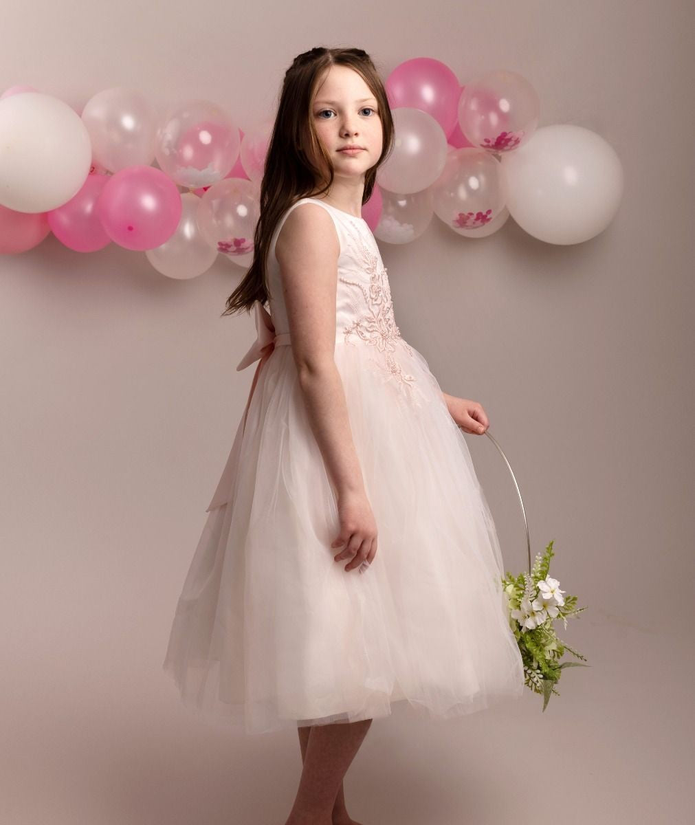 Robe à fleurs brodée avec jupe en tulle pour filles - NYRA - Rose Poudré