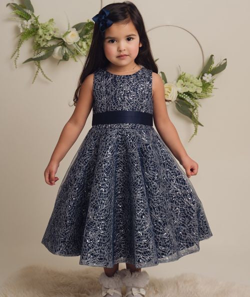 Girls Sparkly Embroidered Dress with Bow – CLIO - Navy Blue