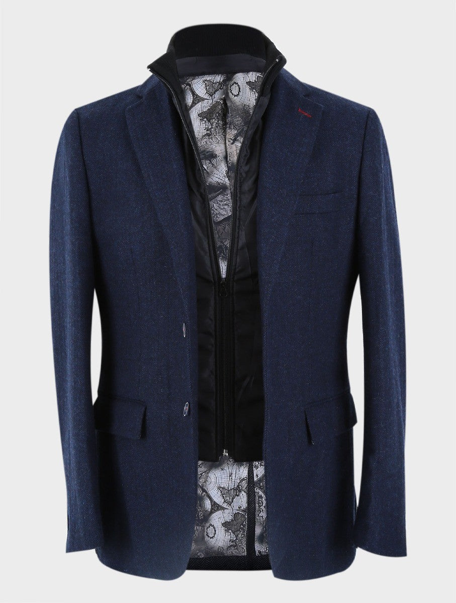 Men's Herringbone Navy Coat with Removable Zipper - Navy Blue