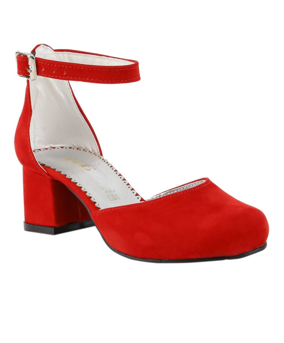 Girls Mary Jane Block Heel Shoes - Red