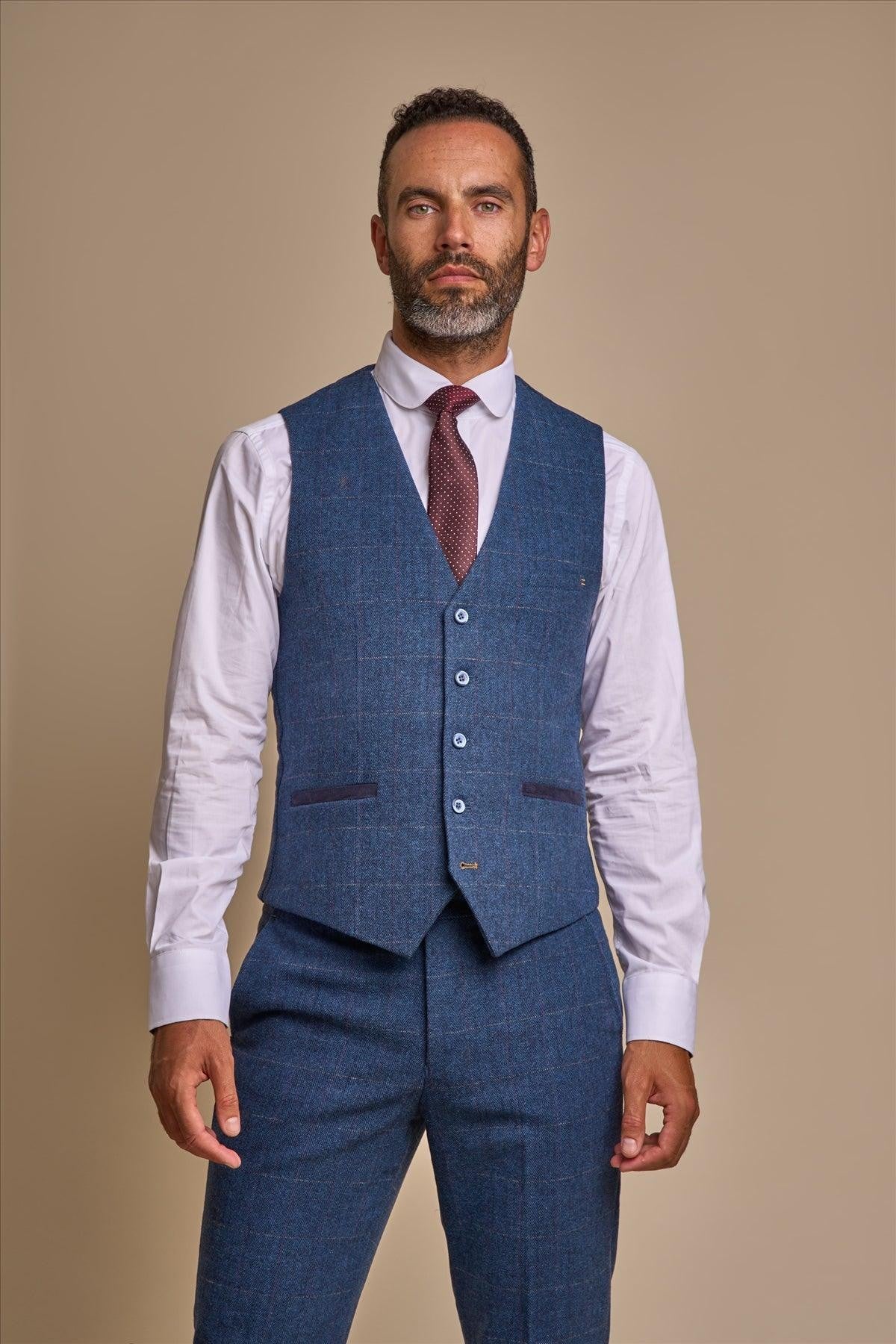 Herren Slim Fit Fischgräten Tweed Anzug Weste - CARNEGI - Blau