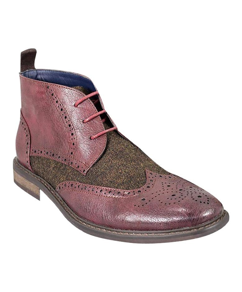 Herren Tweed Brogue Knöchelstiefel - CURTIS - Weinrot