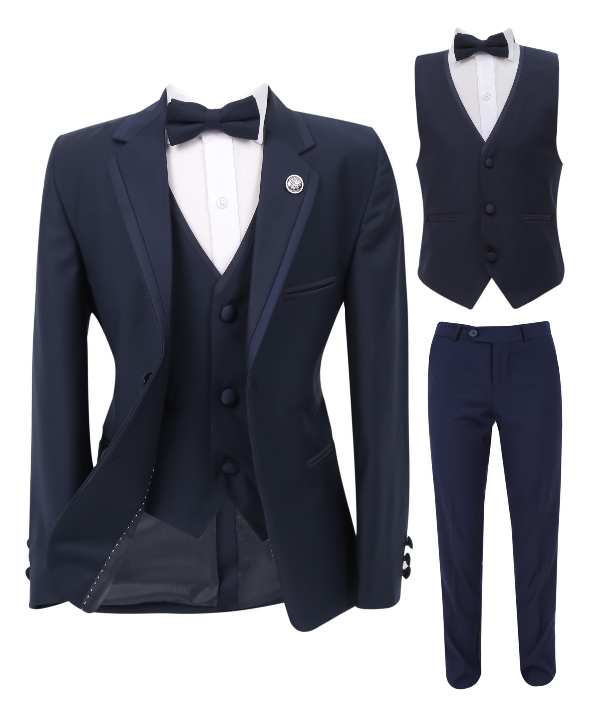 Ensemble Costume de Smoking à Passepoil Slim Fit pour Garçons - Bleu Marine