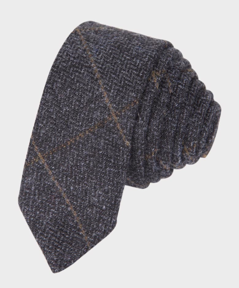 Ensemble Cravate Fine et Mouchoir en Tweed à Chevrons Windowpane pour Garçons - Gris Charbon