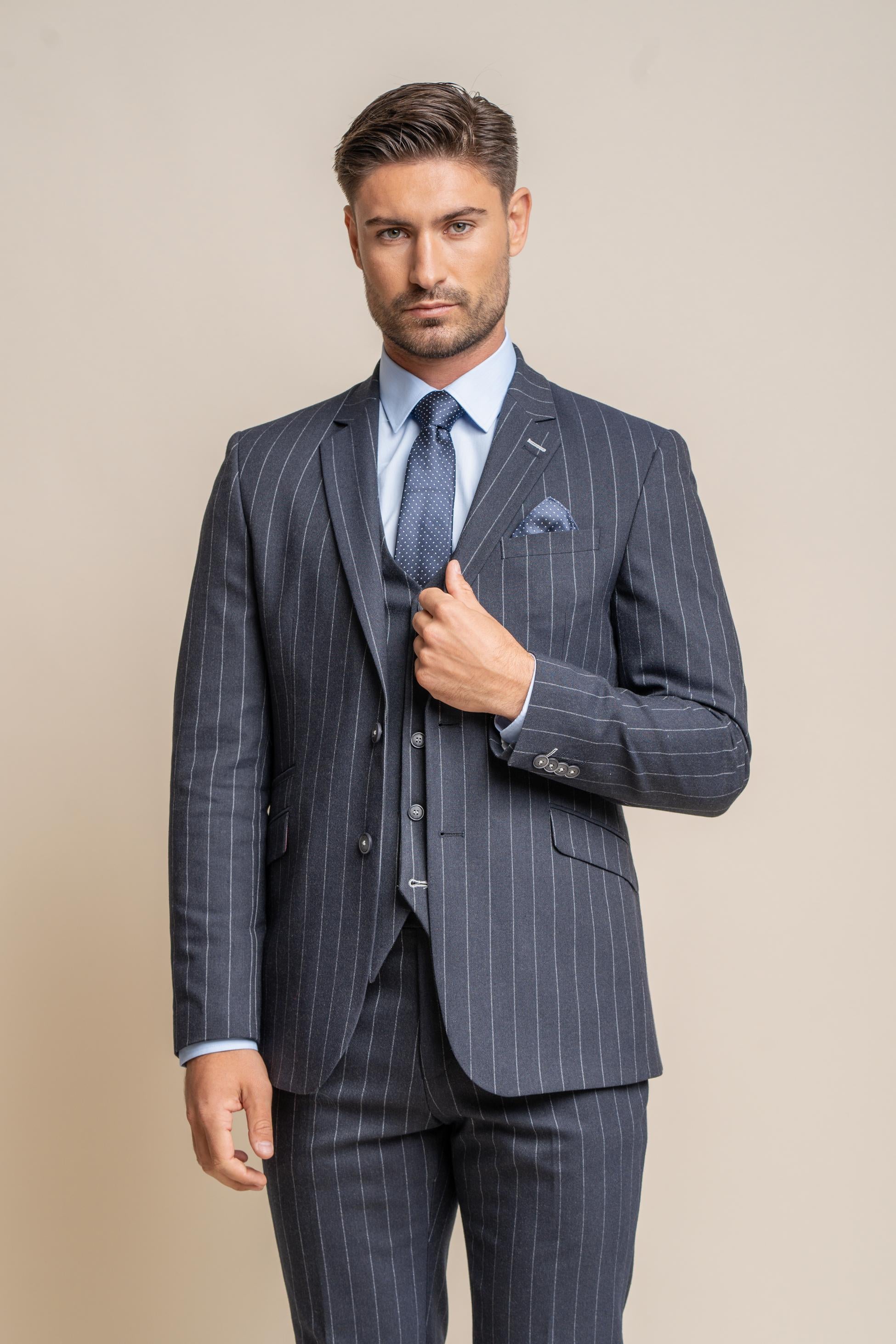 Men's Pinstripe Slim Fit Navy Blue Suit -  Invincible - Navy Blue