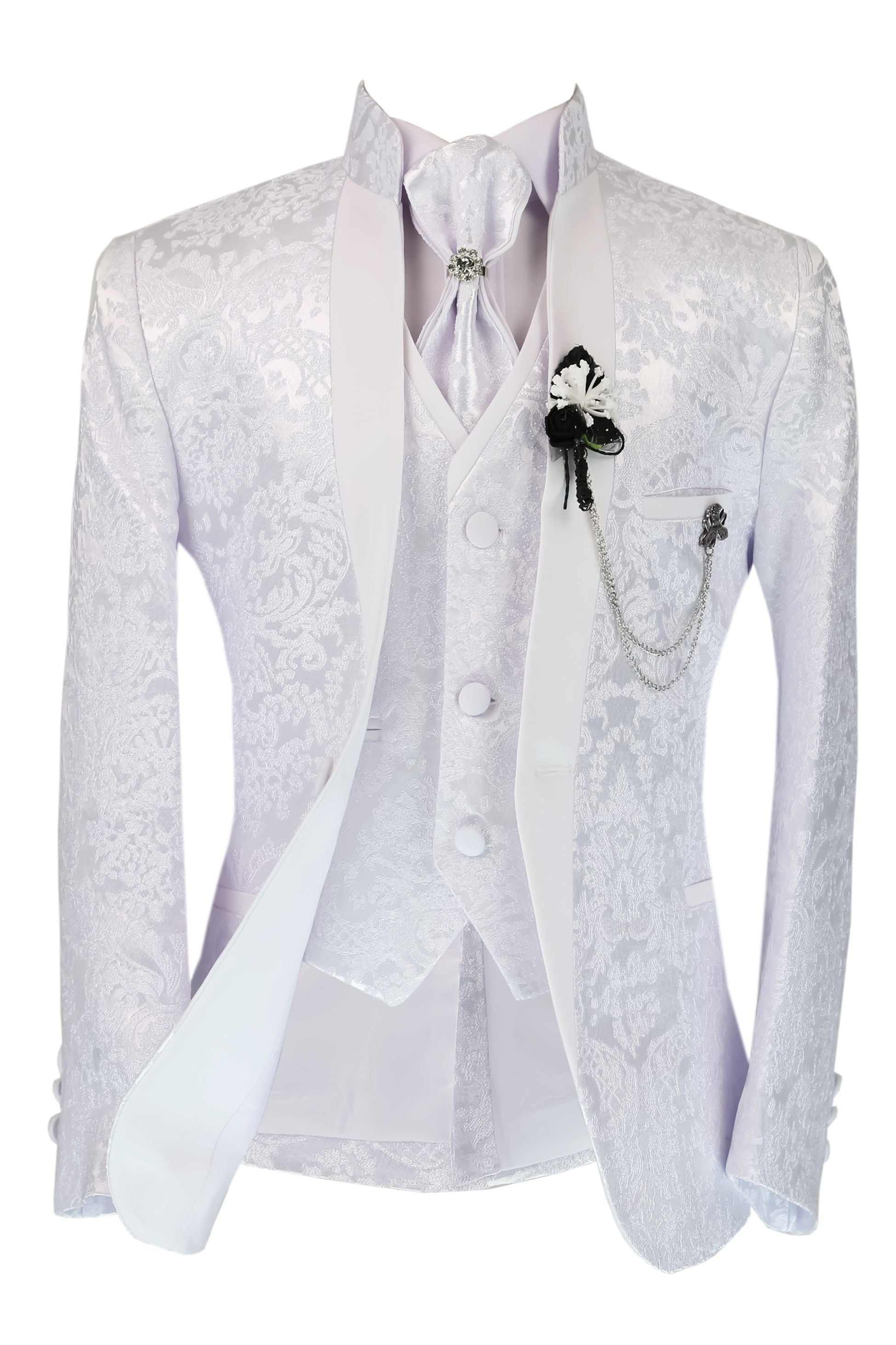 Jungen Satin Revers Weißes Paisley Blumen Tuxedo Anzug-Set - Weiß