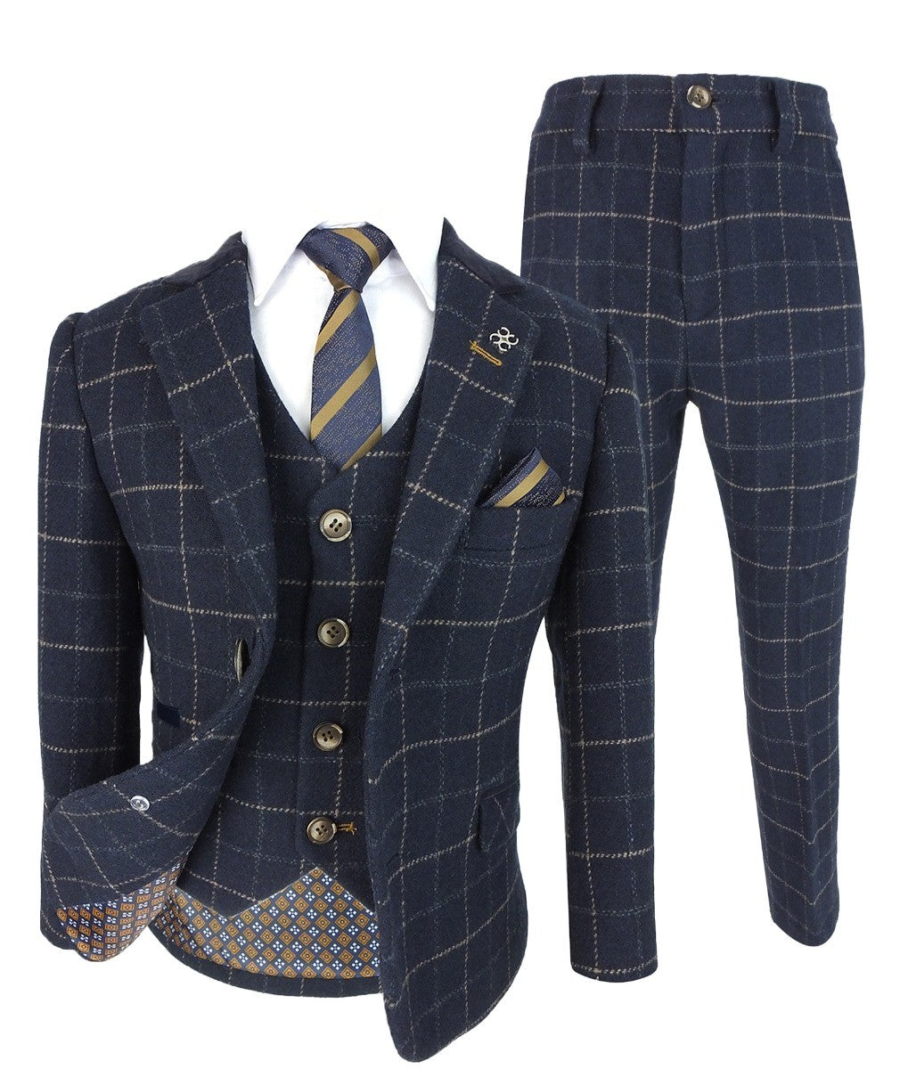 Costume en Tweed à Carreaux Windowpane Slim Fit pour Garçons - SHELBY - Bleu Marine