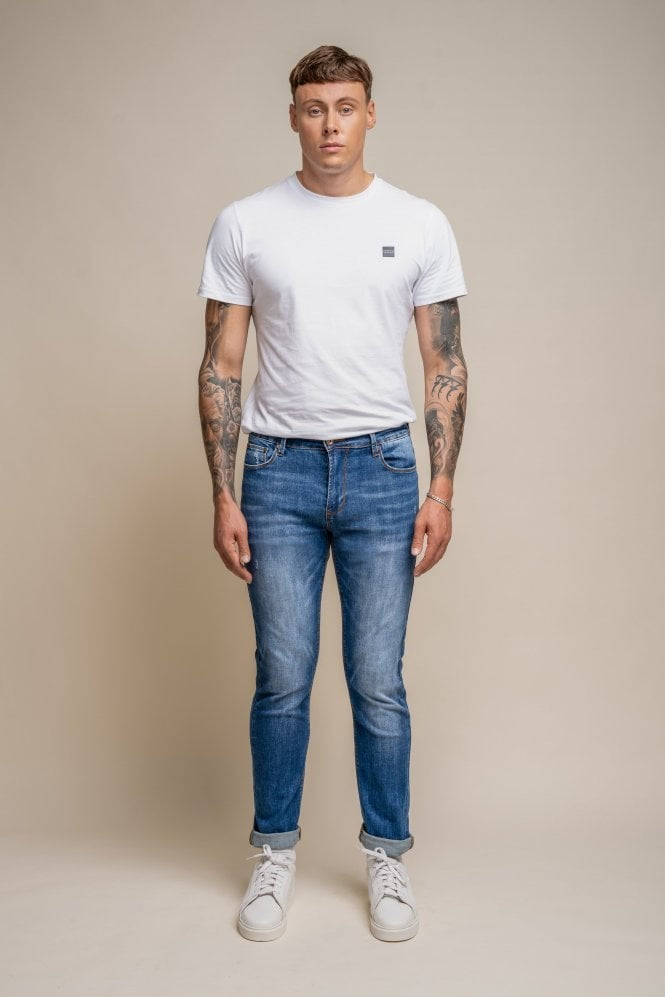 Jean en denim stretch ajusté pour hommes - BLAZE - Bleu Moyen