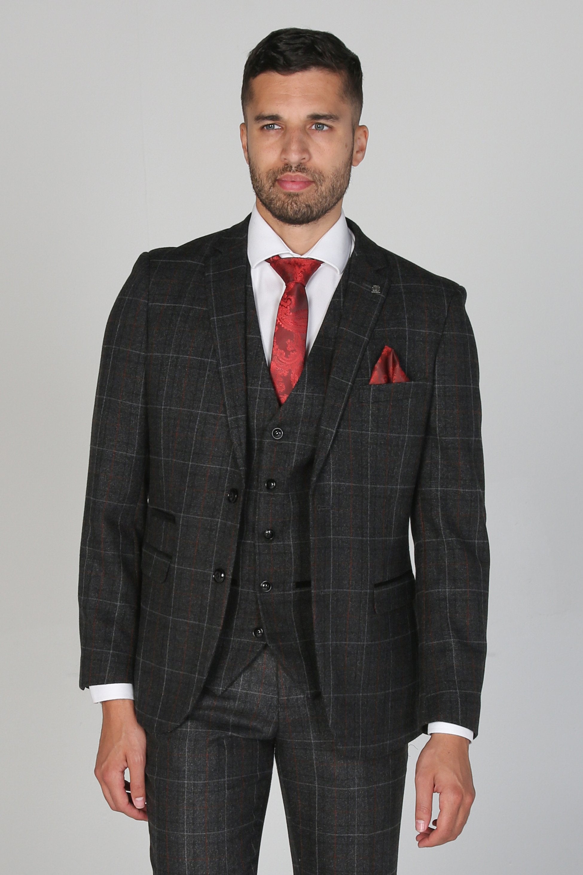 Costume à Carreaux Windowpane Tailored Fit pour Homme - HARVEY - Gris Charbon