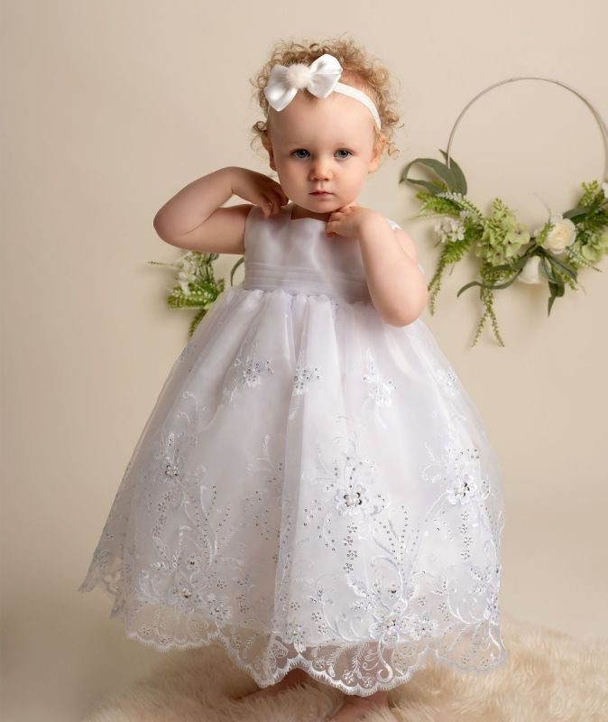 Baby Mädchen Pailletten & Spitzen Taufweißes Kleid-Set - 396 - Weiß