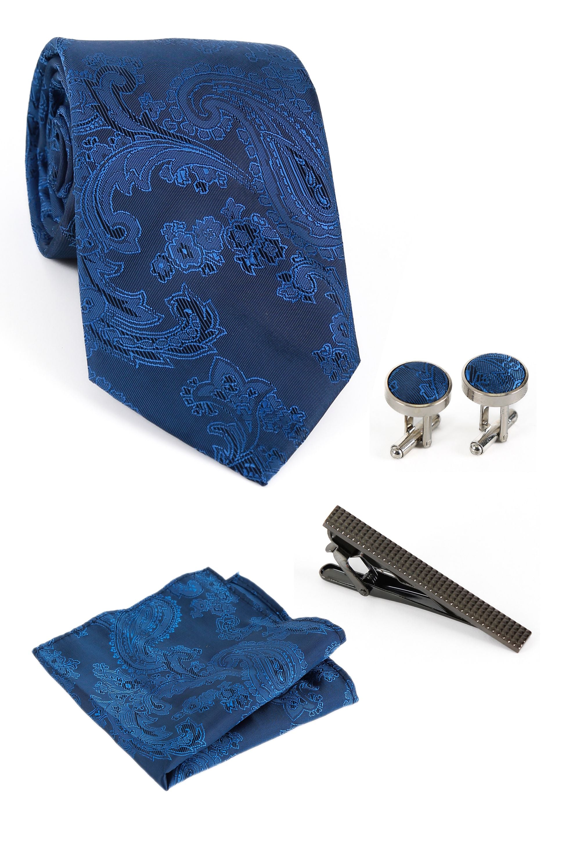 Ensemble cravate et boutons de manchette paisley pour hommes - Bleu royal