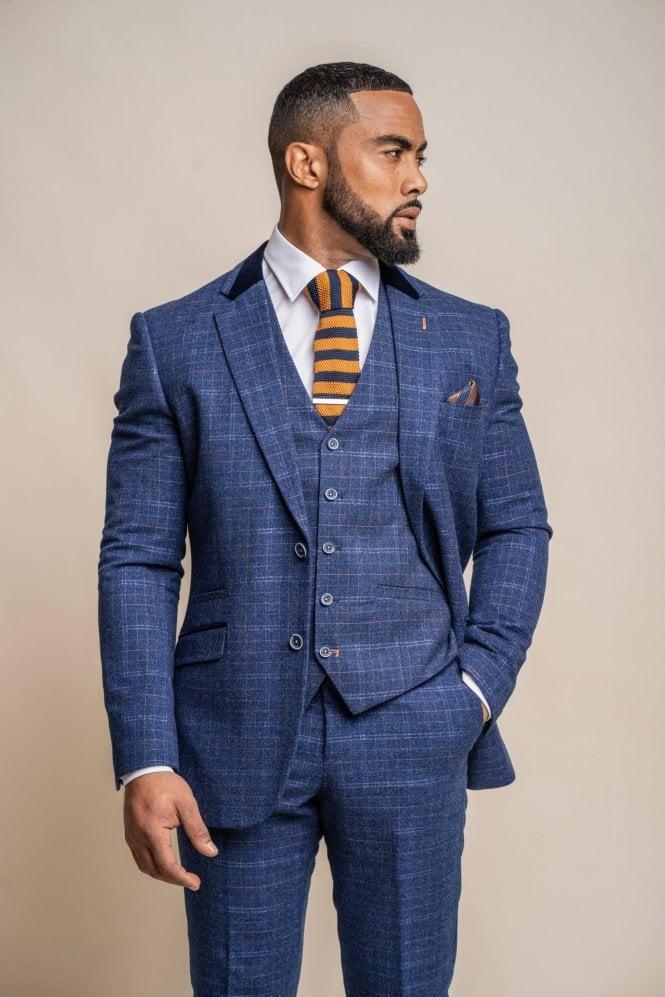 Men's Tweed Check Navy Slim Fit Suit - KAISER - Navy Blue