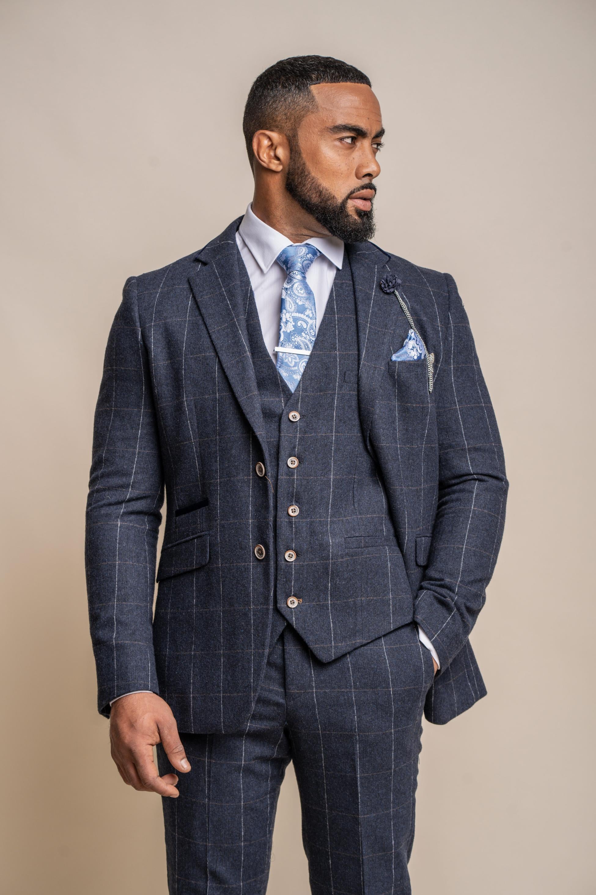 Costume en Laine à Motif Windowpane Bleu Marine pour Homme - ANGELS - Bleu Marine