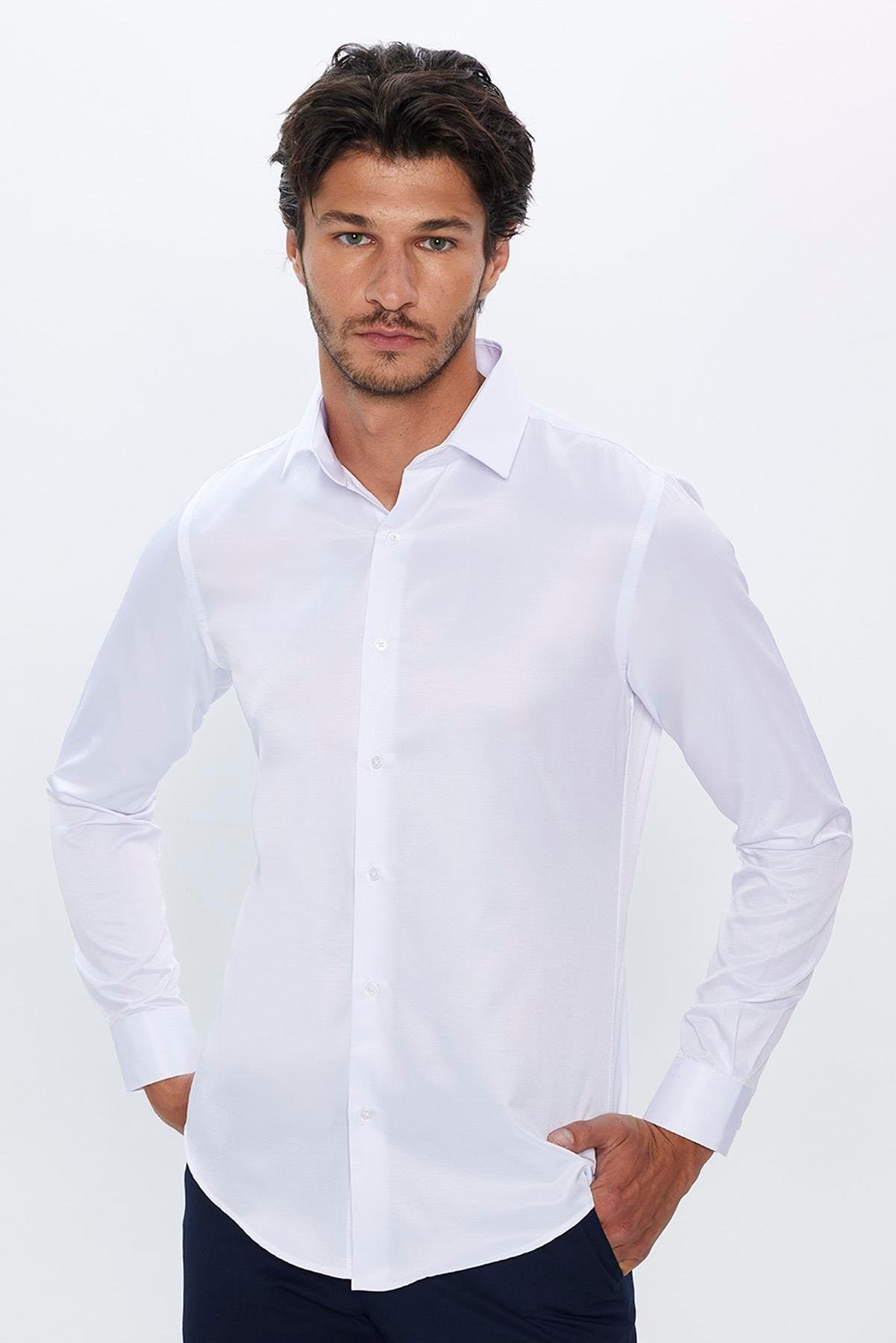 Herren Slim Fit Button-Down Baumwoll Mischung Hemd - Dimi Dotti - Weiß