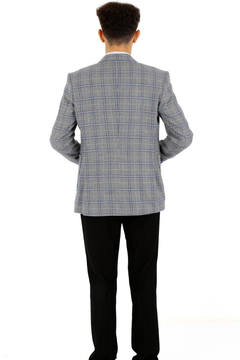 Jungen Windowpane Karo Slim Fit Anzug - Blau - Schwarz