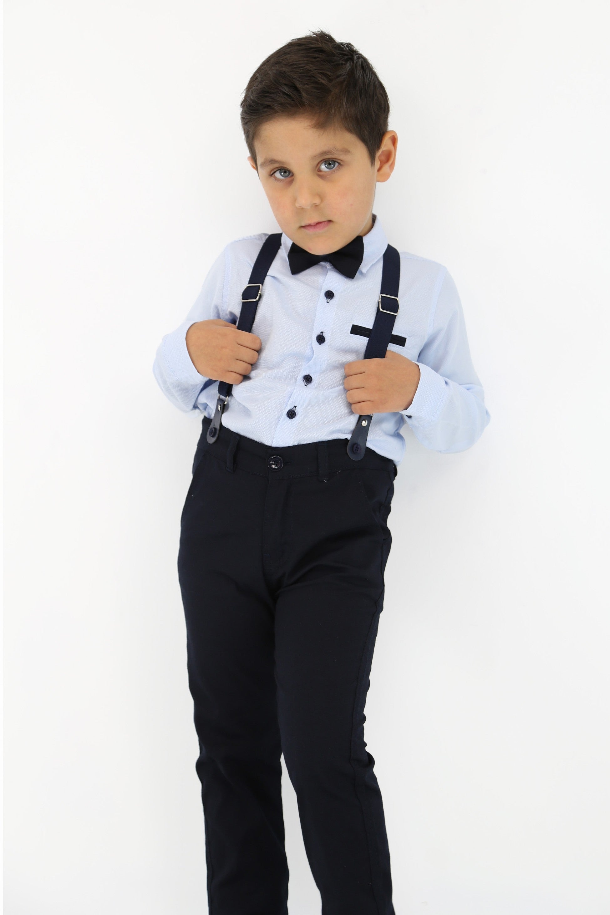 Baby & Jungen Gentleman Outfit - 4-teilige Hosensatz mit Trägern - OXFORD - Hellblau - Marineblau