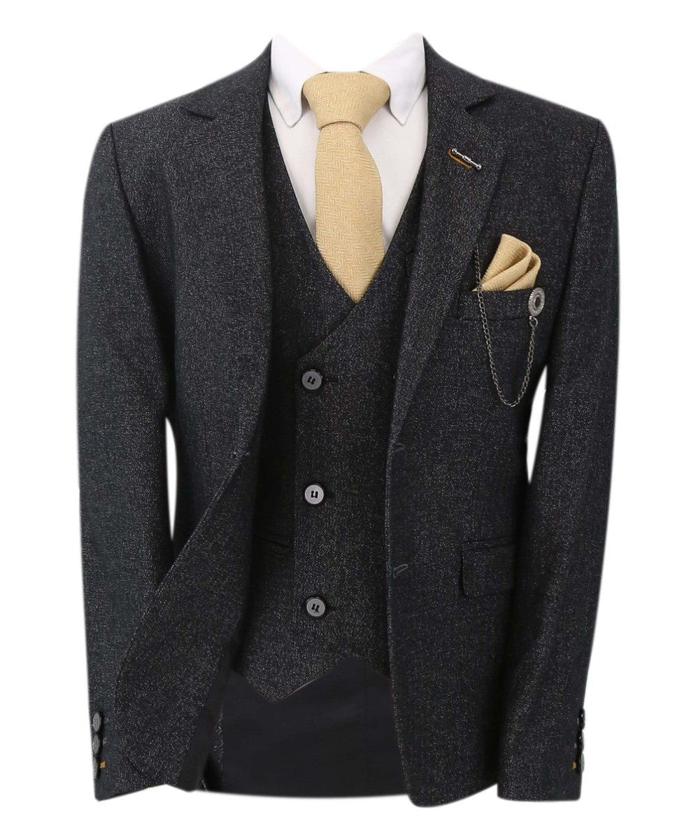 Boys Tailored Fit Herringbone Patterned Suit - TONY - Charcoal Grey