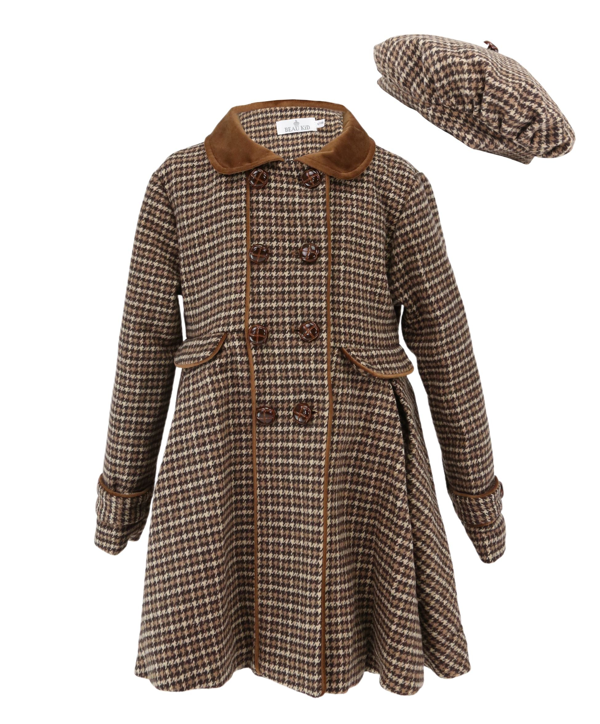 Ensemble Manteau et Béret à Pied-de-Poule Marron pour Filles - Marron