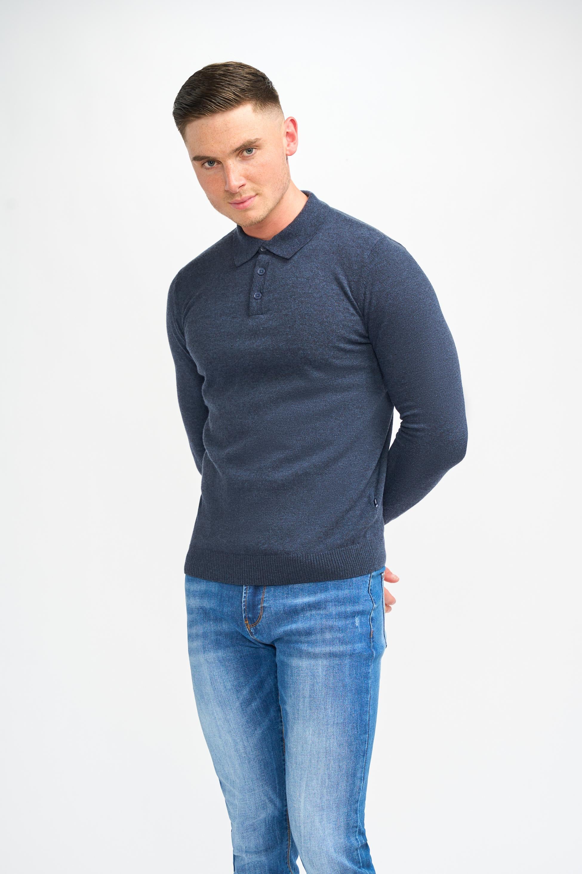 Men’s Wool Knit Long Sleeve Polo Shirt - Boom - Navy Blue