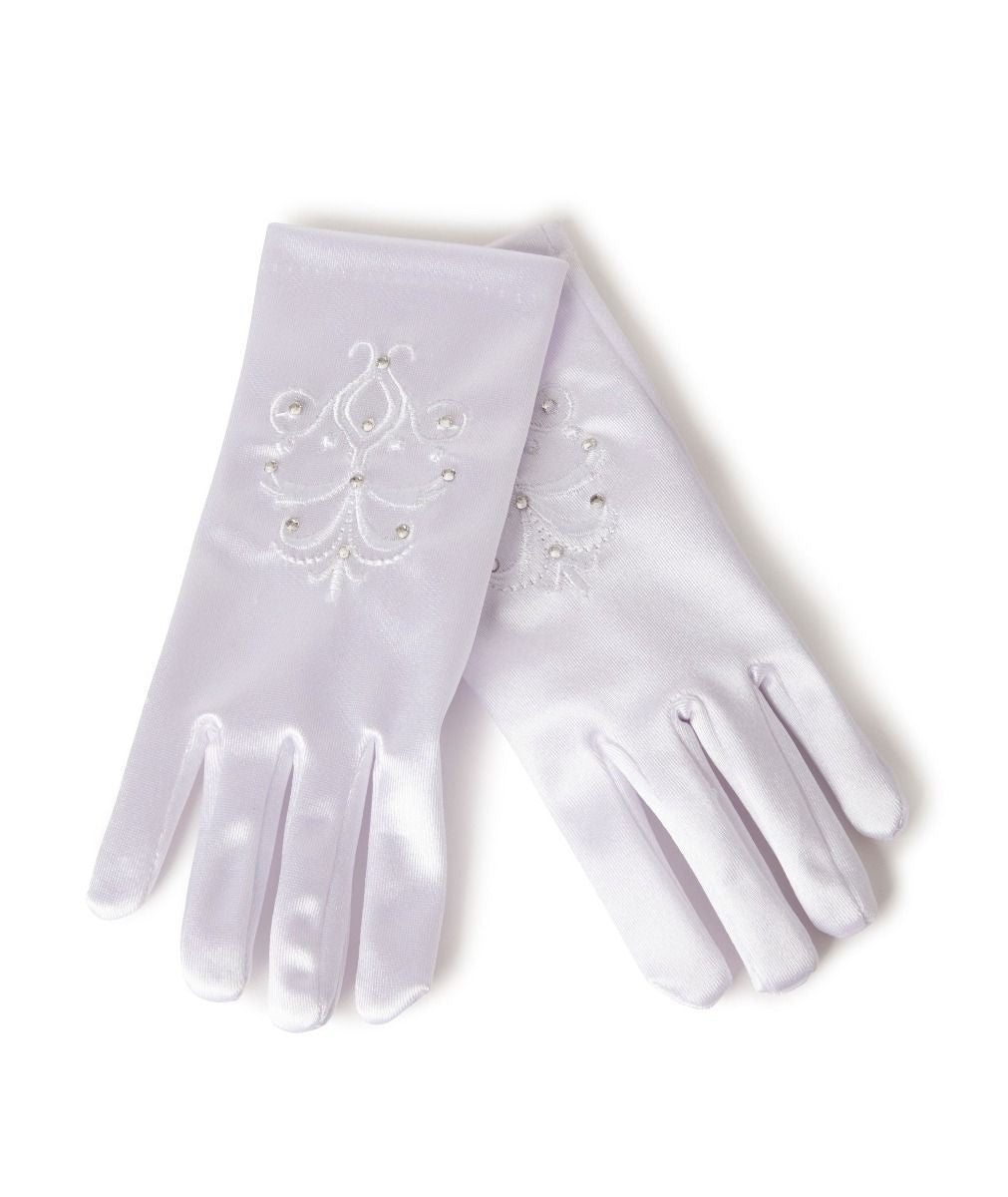 Girls White Swirl Pattern Satin Gloves - ELSA