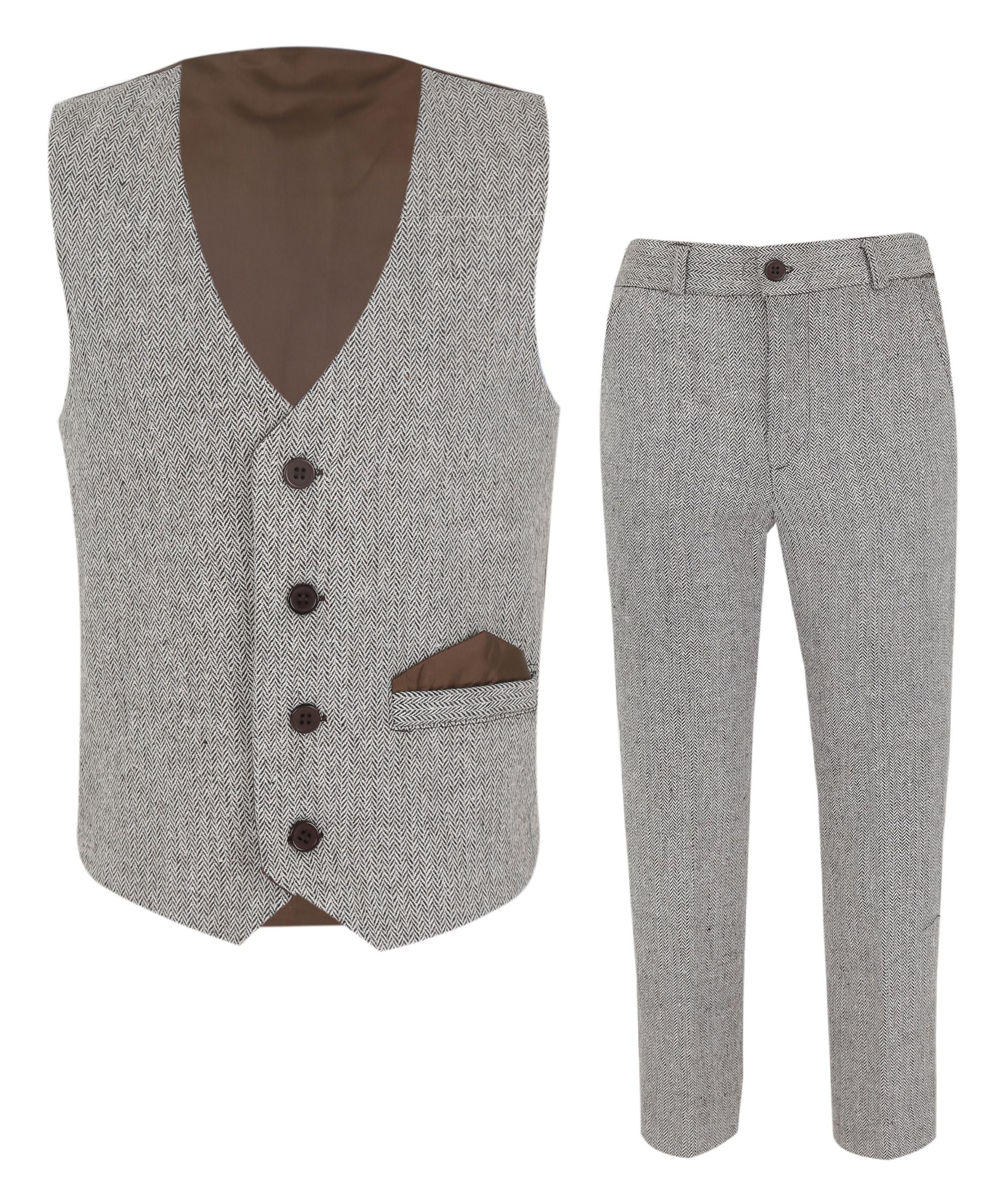 Ensemble Costume avec Gilet en Tweed Chevron pour Garçons - Marron Clair