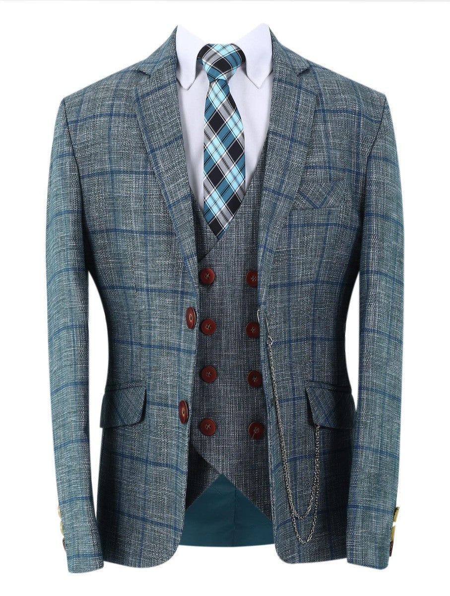 Costume Slim Fit à Carreaux Windowpane pour Garçons - Vert Foncé