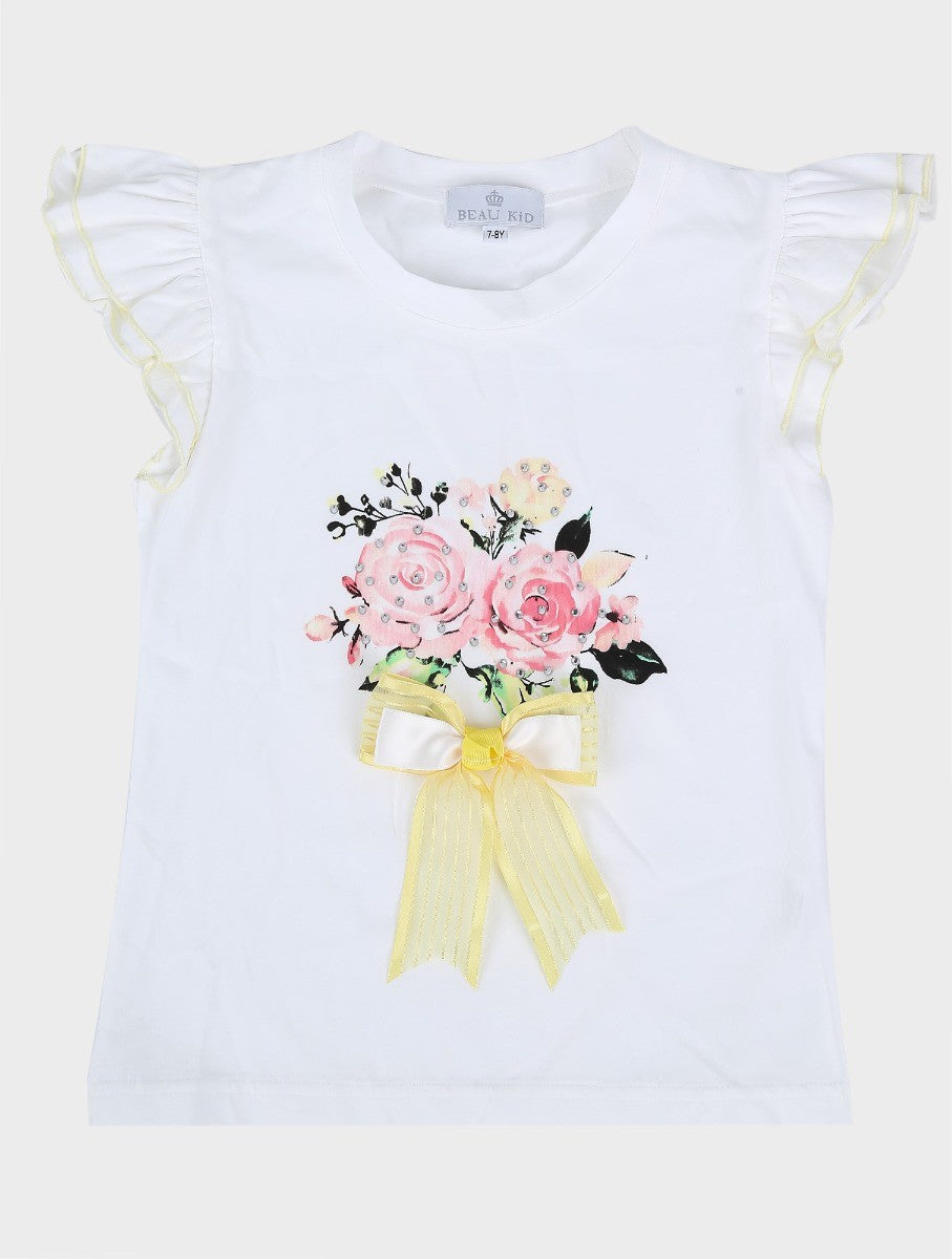 Girls Floral Print Tulle Skirt and T-Shirt Set - Yellow