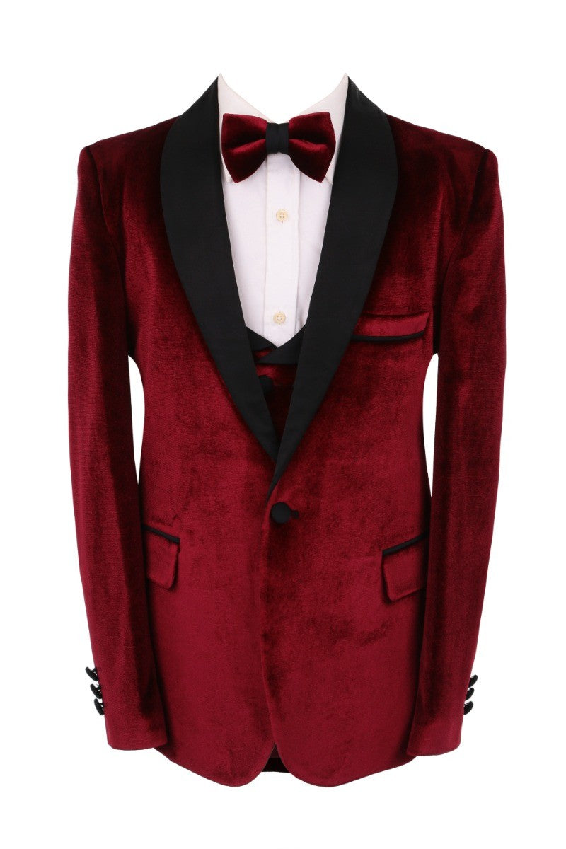 Boys Velvet Tuxedo 5 Piece Dinner Suit - Burgundy and Black