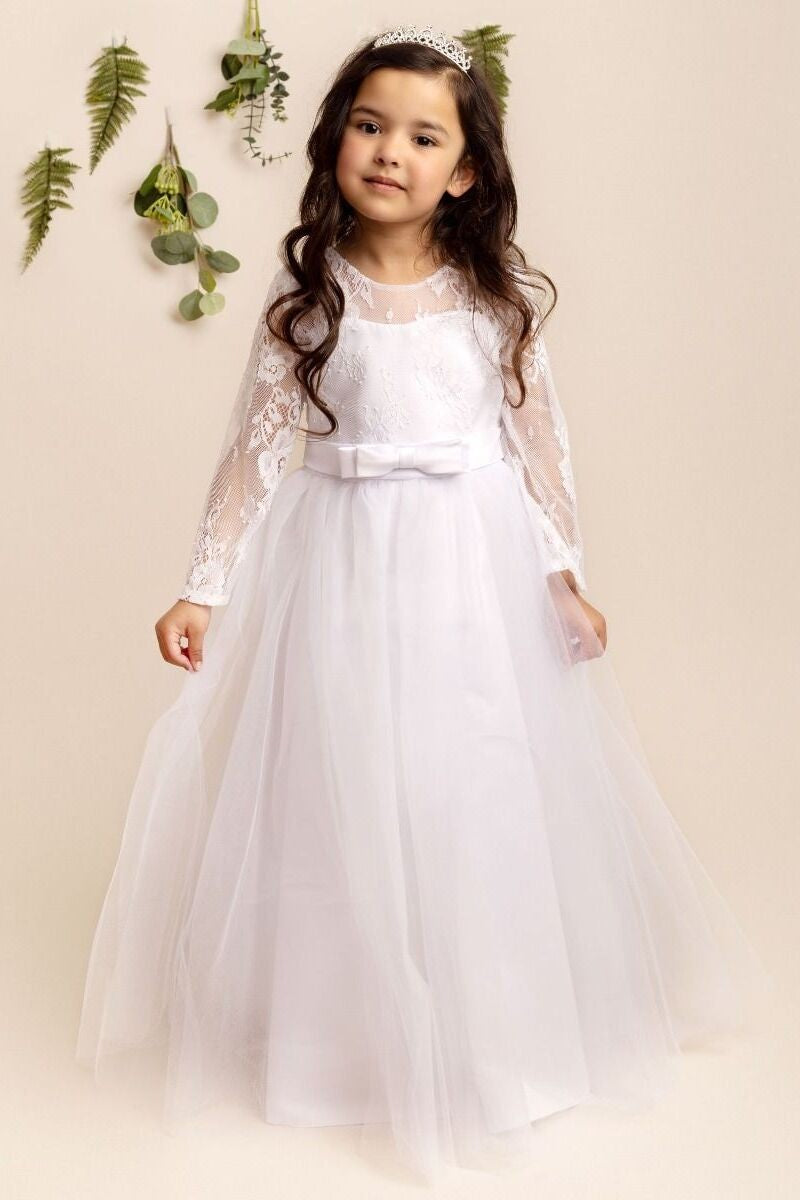 Robe en tulle blanche à manches longues avec dentelle pour filles - JADE - Blanc