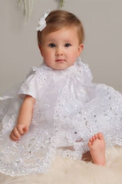 Baby Girls White Sequined Christening Dress Set - L528 - White