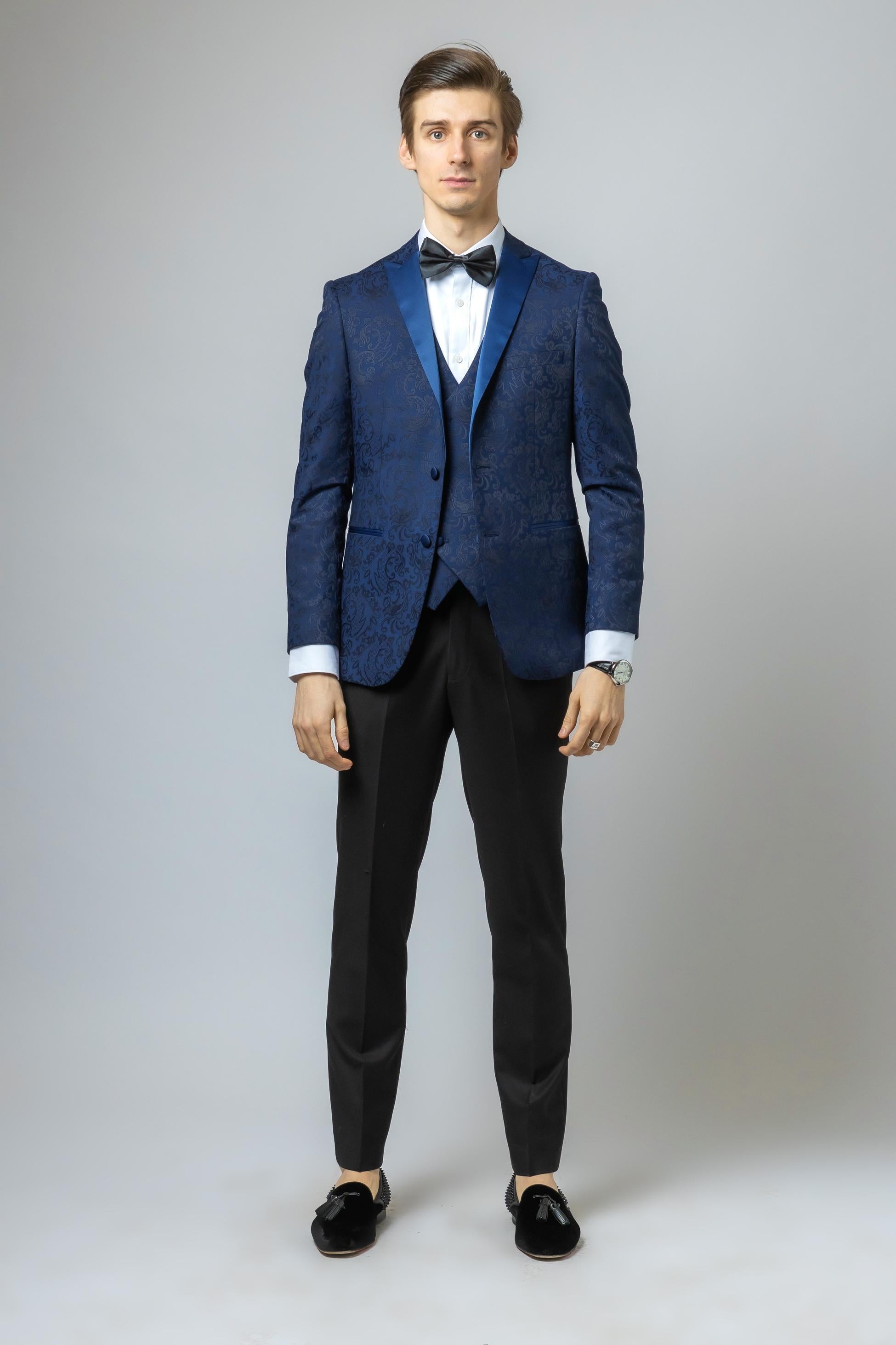 Men's Slim Fit Patterned Navy Suit - THOMAS - Navy Blue