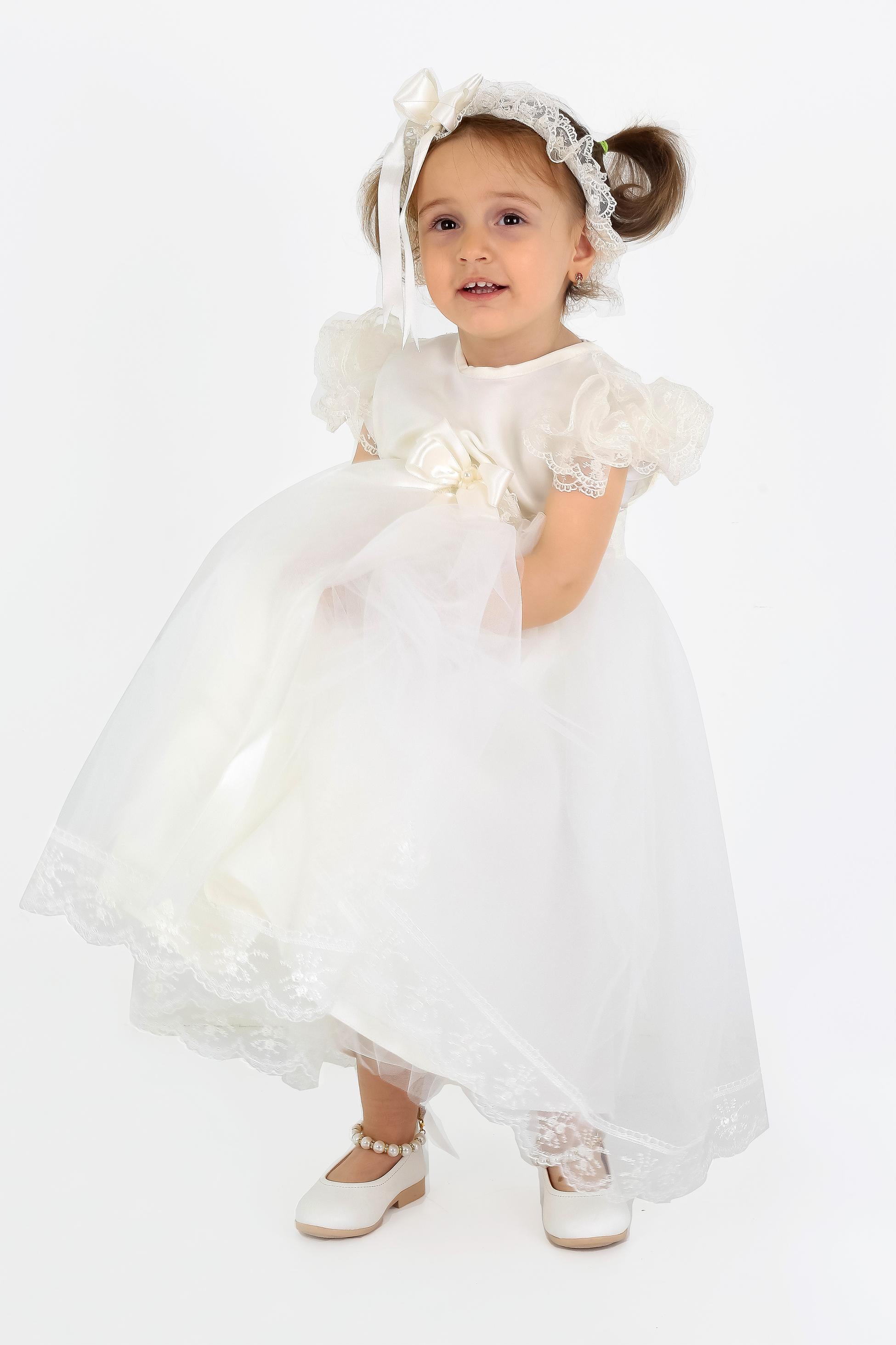 Baby Mädchen Rüschen Spitzen Weißes Kleid - CHRISTINA - Weiß