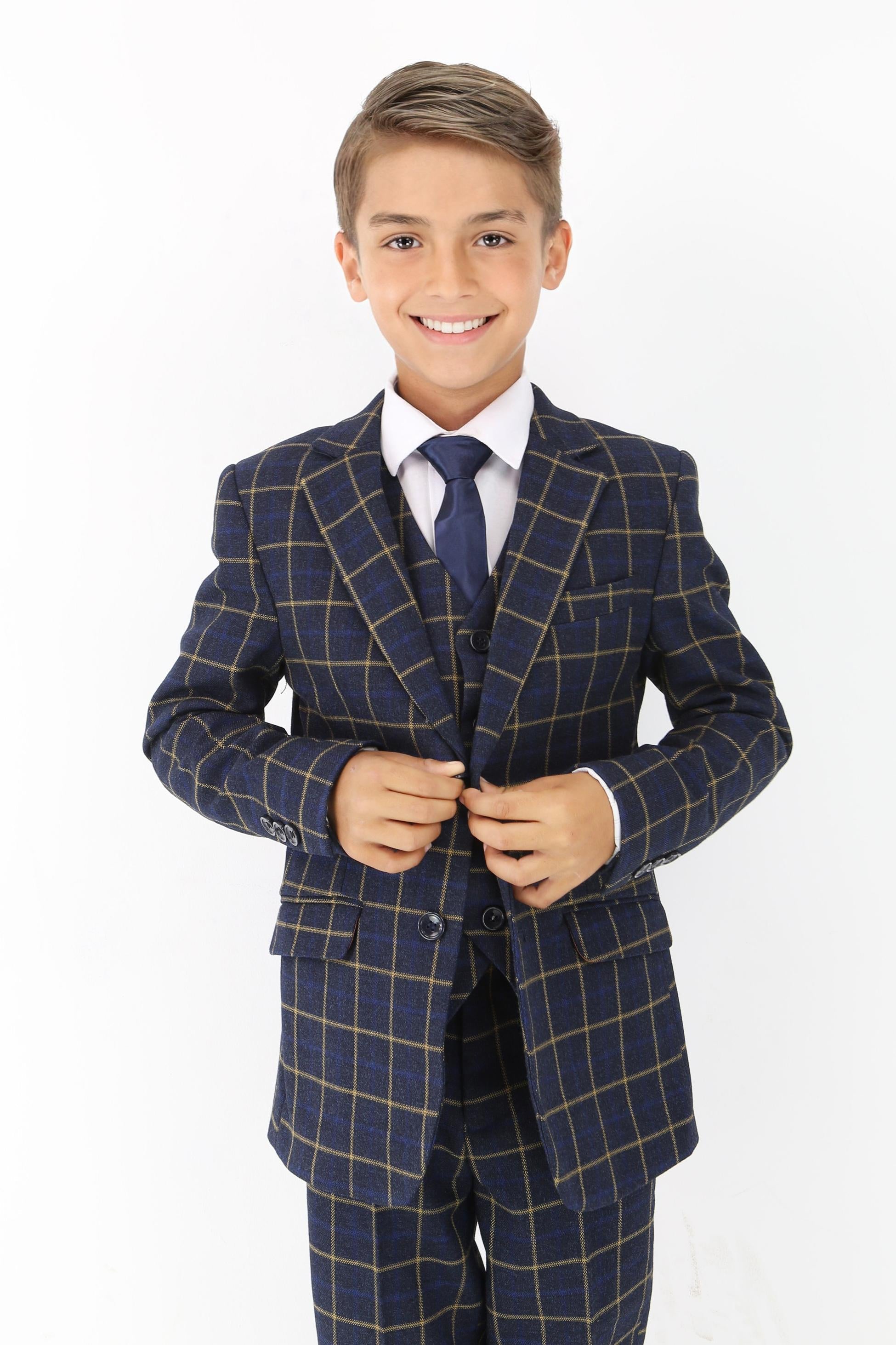 Boys Navy Blue Retro Check Suit - Navy Blue