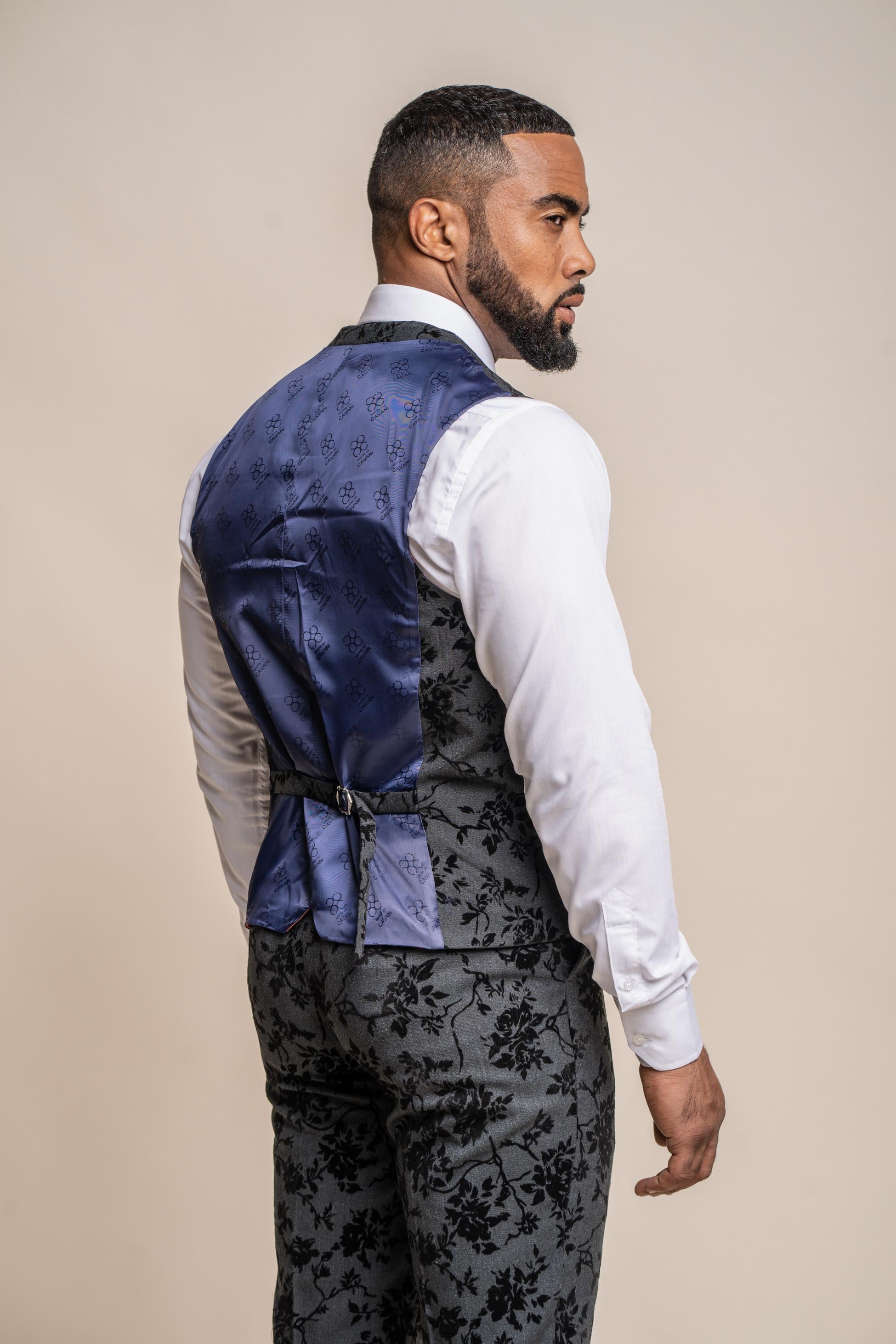 Men's Black Velvet Floral Embroidered Waistcoat - GEORGI - Black