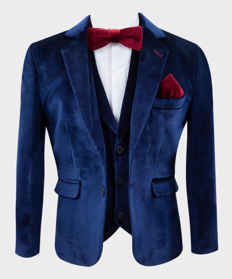 Boys Tailored Fit Velvet Suit with Elbow Patches - Navy Blue