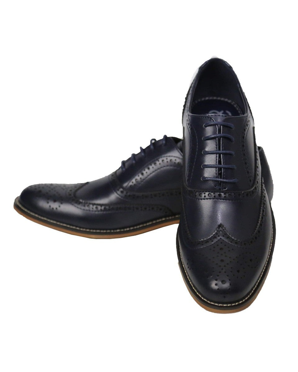 Men's Lace Up Leather Brogue Shoes - OXFORD - Navy Blue