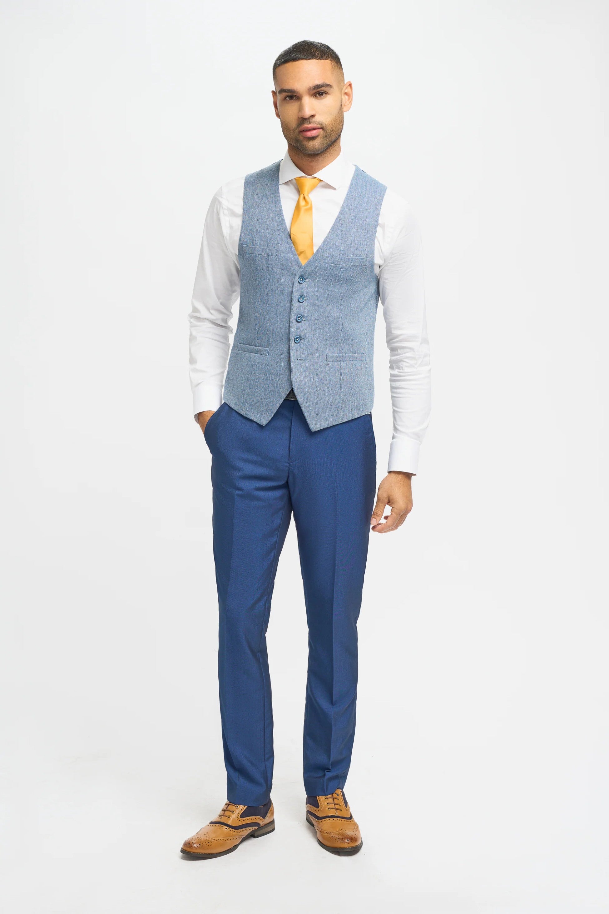 Herren Königsblauer Slim Fit 3-teiliger Hochzeitsanzug mit hellblauer Tweed-Weste - Marineblau