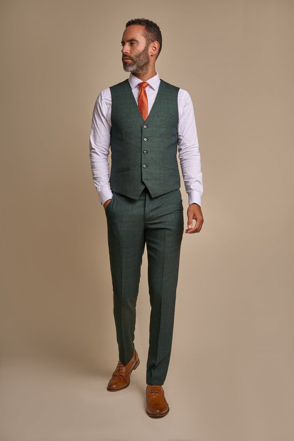 Men's Tweed Houndstooth Check Slim Fit Suit - CARIDI - Olive Green