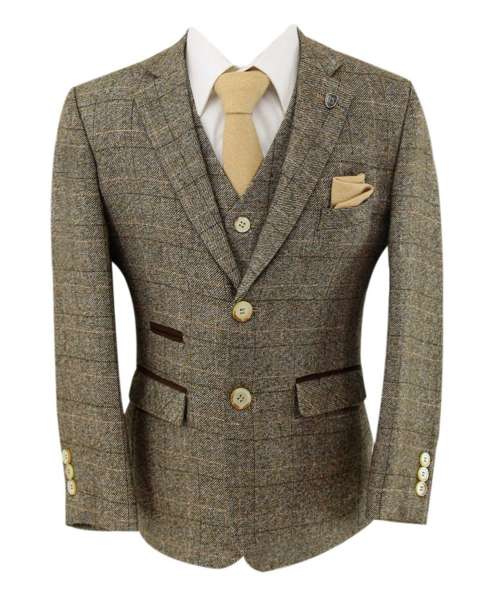 Costume en Tweed à Carreaux Tailored Fit Beige pour Garçons - LIAM - Beige