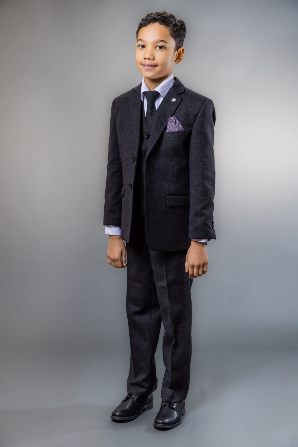 Boys Husky Tweed Tailored Fit Grey Suit - ADAM - Dark Grey