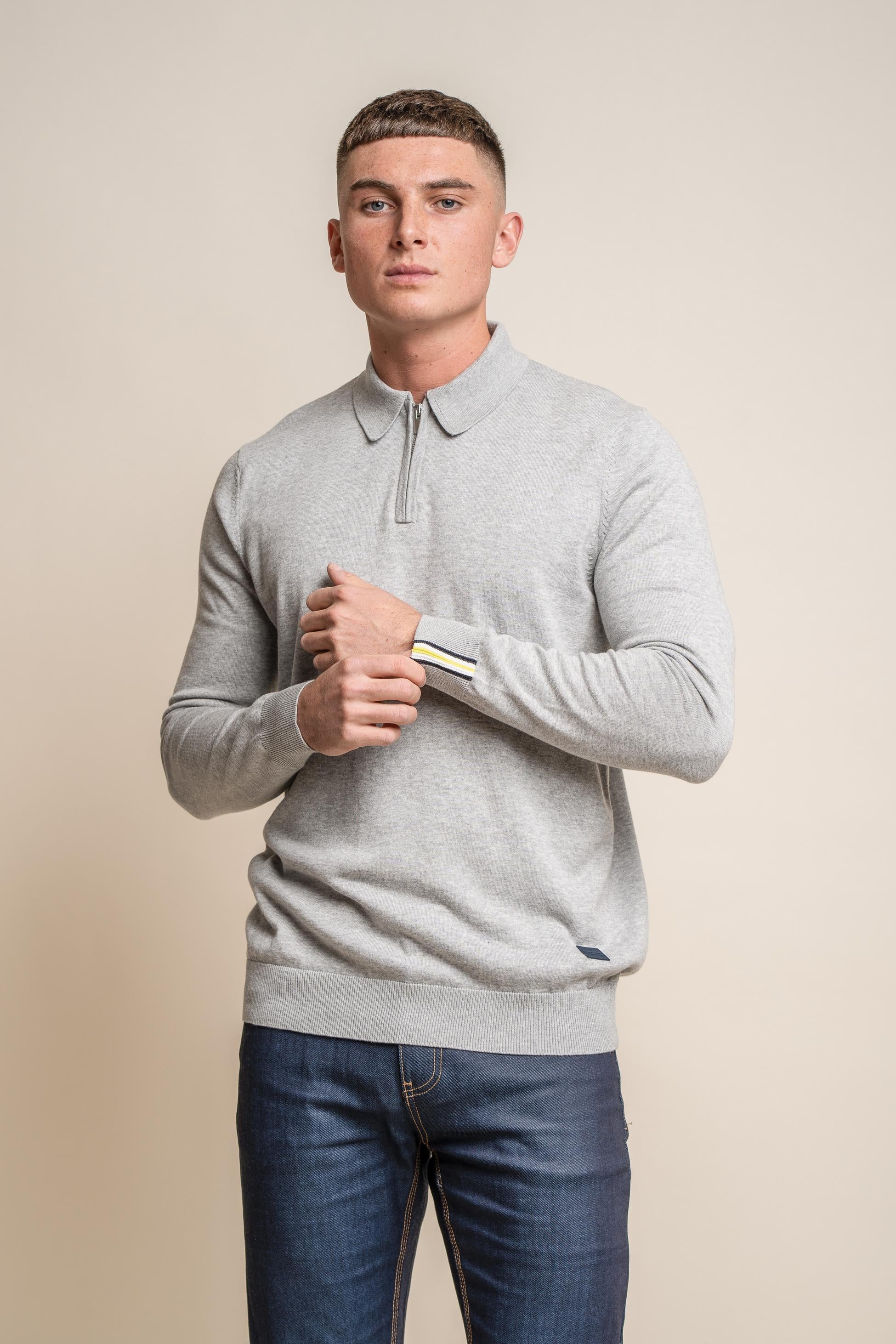 Pull en coton à col montant et zip quart pour hommes - Falcao - Gris