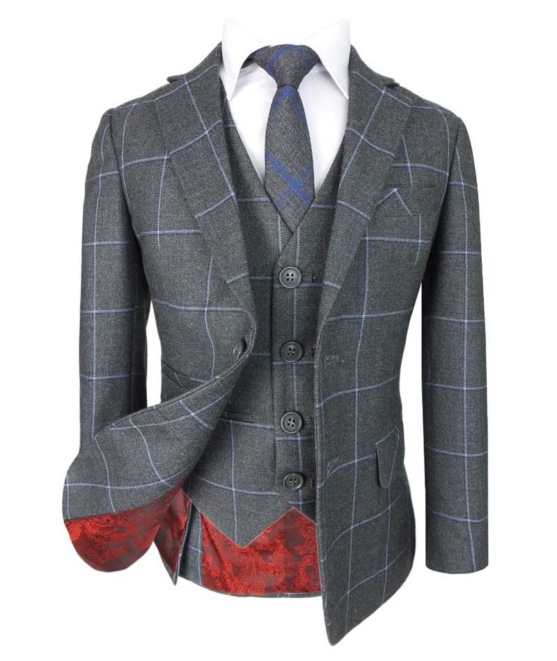 Costume à Carreaux Windowpane Slim Fit pour Garçons - Gris - Bleu