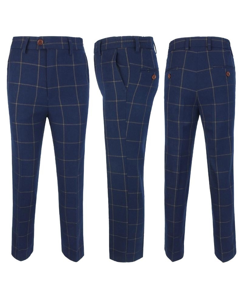 Ensemble Costume à Carreaux Windowpane Tissé Bleu Marine pour Garçons - Bleu Marine - Marron