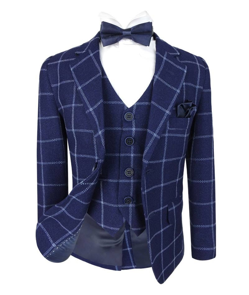 Boys Retro Windowpane Tailored Fit Check Suit - Navy Blue