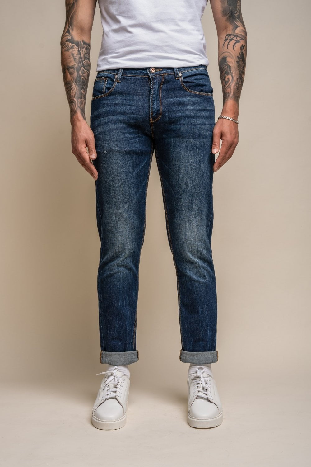 Jean en denim stretch décontracté ajusté pour hommes - Bleu Foncé