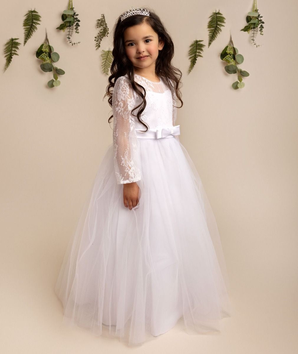 Robe en tulle blanche à manches longues avec dentelle pour filles - JADE - Blanc