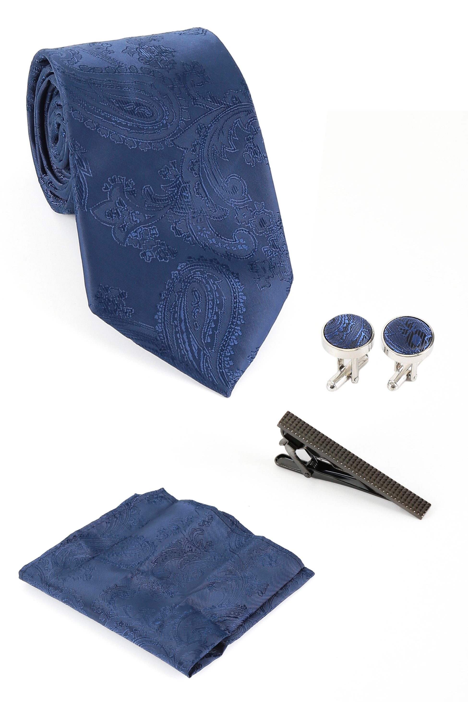 Ensemble cravate et boutons de manchette paisley pour hommes - Bleu profond