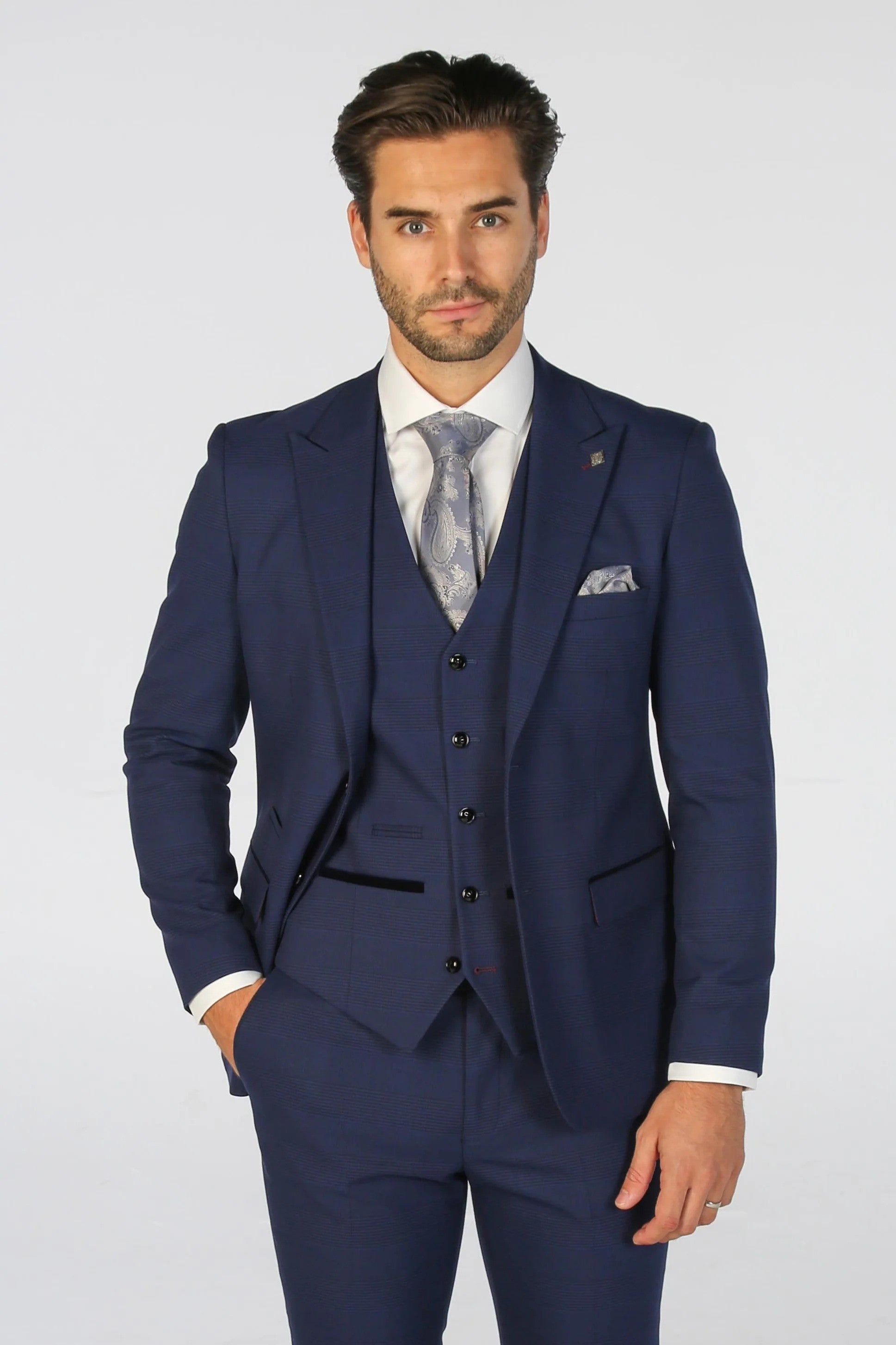 Costume à carreaux bleu marine ajusté pour hommes - MARK - Bleu Marine