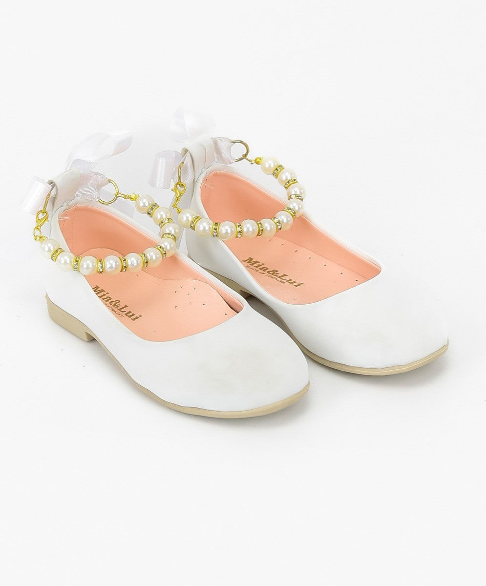 Girls Pearls Flat Mary Jane Shoes - ISABEL - White